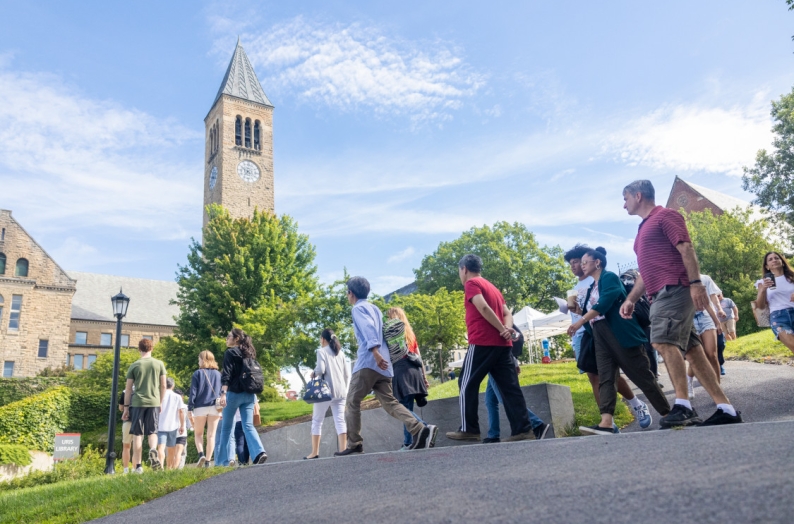 Students and parents walking on campus